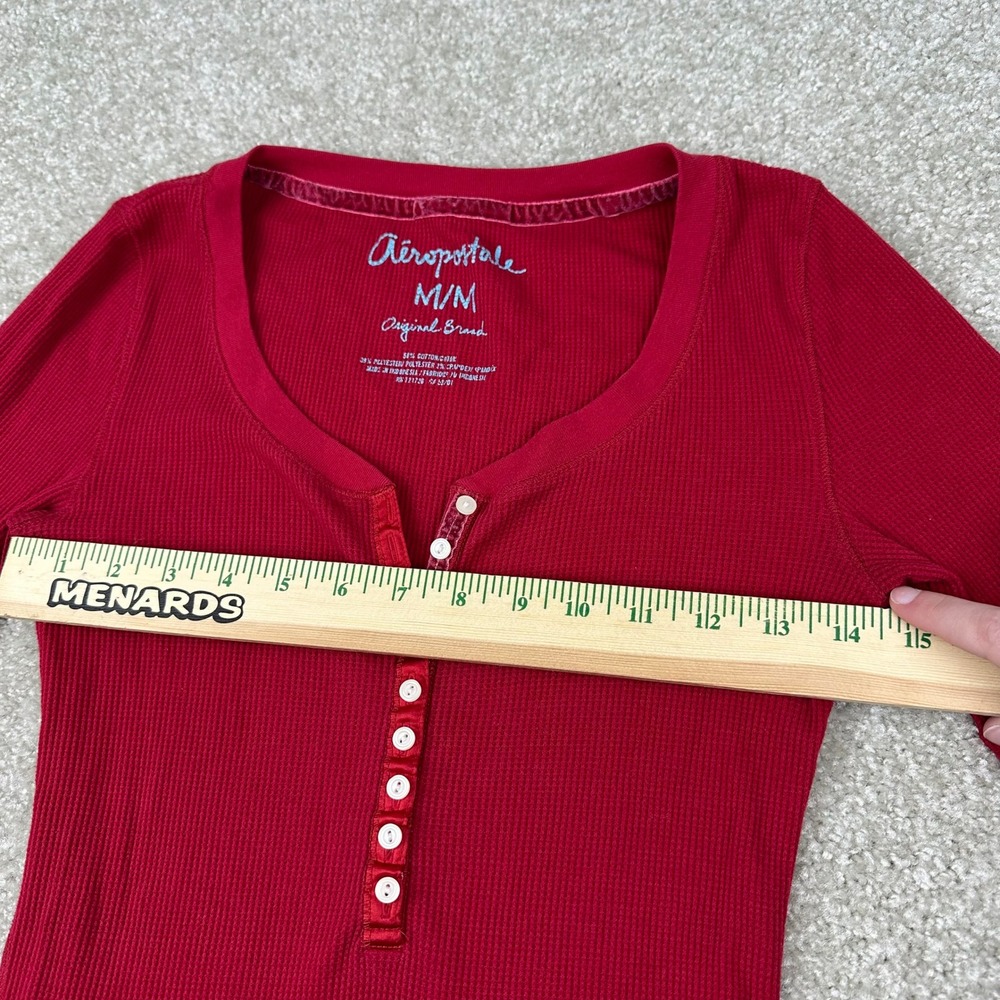Aeropostale Henley Top Medium Red Waffle Knit Thermal Long Sleeve Y2K Indie Slim - Picture 6 of 8